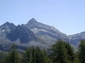 Vue de la tête Grise depuis le val d'Ayas; sur la droite, le col Pinter.