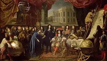 Colbert présentant à Louis XIV les membres de l'Académie royale des Sciences, seconde moitié du XVIIe siècle. Château de Versailles.