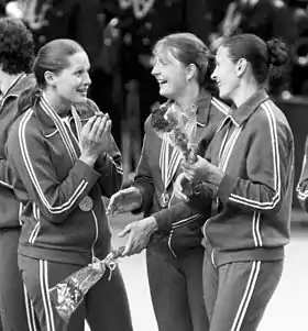 Valentina Loutaïeva, entre Tetiana Makarets-Kocherhina et Zinaïda Tourtchina aux Jeux olympiques de 1980