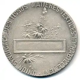 Union Syndicale des Tissus, Matières Textiles et Habillement, médaille en argent, 36 mm, revers.