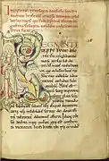 Une page manuscrite avec une grande enluminure sur le côté gauche