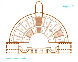 Plan d'un bâtiment semi-circulaire.