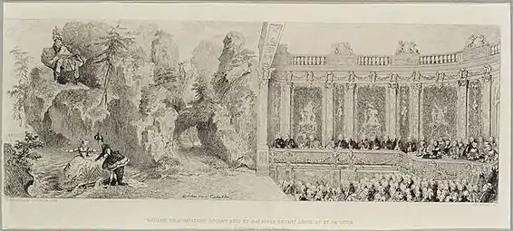 Madame de Pompadour jouant Acis et Galathée devant Louis XV et sa cour (1749), gravure d'après Charles-Nicolas Cochin le Jeune, Versailles, musée national du château et des Trianons.