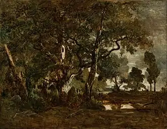 Forêt de Fontainebleau, Groupe de grands arbres surplombant la plaine de Clair-Bois à l'orée du Bas-Bréau, 1849-1852,Getty Center, Los Angeles.