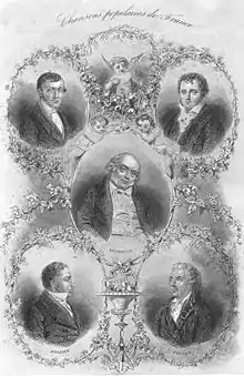Les chansonniers (1)Au centre : Béranger.En haut à gauche : Émile Debraux.En bas à gauche : Brazier.En bas à droite : Favart.