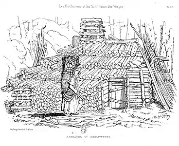 Baraque de schlitteurs. Dans Théophile Schuler, Les bûcherons et les schlitteurs des Vosges, 1878.
