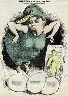 Caricature par André Gill de Thérésa interprétant les Canards tyroliens, un air qui prône la liberté de réunion, qu'elle crée en 1869 au théâtre de la Gaîté et que reprend en 1898 Guérin Brabant : Quand les canards vont deux à deux
C’est qu’ils ont à causer entr’eux ;
Les passants n’y comprennent rien ;
Mais eux, malins, ils s’entend’nt bien.
Ils s’dis’nt comm’ça des jolis riens :
Couin, couin, couin, couin, couin,.