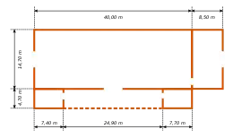 Plan d'un bâtiment avec ses dimensions au sol.