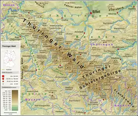 Carte topographique de la forêt de Thuringe et des monts de Thuringe.