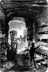 Gravure des catacombes de Naples, publié dans le récit d'un voyageur anglais de 1877.