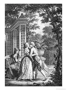 Gravure en noir et blanc d'un baiser entre un homme et une femme debout dans un jardin, avec un pavillon en arrière-plan. Les arbres entourent la scène et une femme sur une chaise regarde le couple. Il y a une urne contenant une plante à l'arrière-plan.