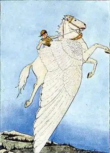 Quittant un paysage vallonné, un cheval ailé blanc s’élève dans les airs monté par un jeune homme aux cheveux et à l’habit doré qui le dirige par une bride elle aussi dorée.