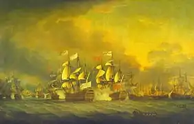 Le Ville-de-Paris au combat contre le HMS Barfleur lors de la bataille des Saintes qui voit la capture du vaisseau amiral et de Grasse.