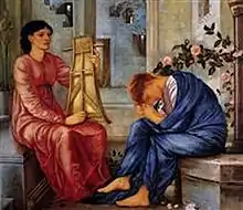 Droite : jeune homme drapé de bleu, éploré, tête enfouie dans les plis de sa tunique ; gauche : figure féminine très droite, drapée de rouge, avec harpe miniature dans les mains.