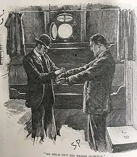 L'inspecteur Lestrade arrêtant un suspect dans la nouvelle La Boîte en carton (1893). Illustration de Sidney Paget.