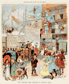 Planche, scène de rue avec enfants dansant.