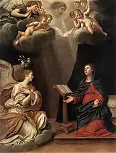 L'Annonciation (ici peinte par L'Albane) illustre la virginité perpétuelle de Marie, glorifiée par le Nouveau Testament.