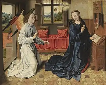 Peinture. L'ange arrive dans la pièce et s'adresse calmement à Marie agenouillée à son prie-Dieu.