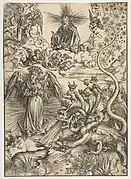 Albrecht Dürer, 1498. Planche de l'L'Apocalypse : Une femme revêtue du Soleil et le dragon à sept têtes. H. 40,5 cm.