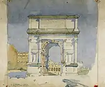 Aquarelle d’un arc de triomphe vu de face.