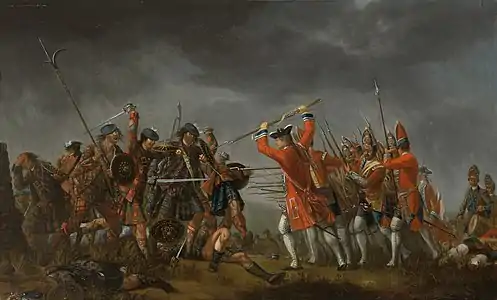 Peinture historique : armée royale à droite, rebelles en kilts à gauche, impression de fin de bataille