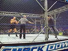 Photographie prise depuis les tribunes. Deux catcheurs, The Big Show et The Undertaker, s'affrontent dans un Steel Cage match. Le ring est entouré d'une grande cage métallique, dont la hauteur est approximativement de six mètres.