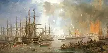 Peinture montrant des navires de ligne à voile et des navires à vapeur plus petits. Plusieurs chaloupes débarquent des soldats sur un rivage rocheux au premier plan tandis que d'immenses explosions sont visibles sur une île à l'horizon
