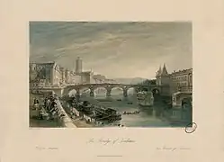 Ce dessin montre les pavillons encadrant l'arc de triomphe (à droite), ils furent détruits au XIXe siècle pour faire plus de place à la circulation.