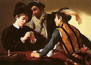 Tableau montrant trois joueurs de cartes, tous trois en train de tricher.