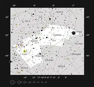 Une carte de la constellation de la Carène avec un fond blanc. Eta Carinae est entourée en rouge du côté gauche.