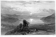 Gravure. Deux hommes assis devisent près d'une fontaine, sous les palmiers. Non loin, leurs chevaux. En arrière-plan, le soleil va se coucher dans la mer.