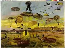 Peinture à l'huile. Vue aérienne d'un ciel rempli de soldats sautant en parachute dans les champs en contrebas. Les avions d'où ils ont sauté s'envolent dans le coin supérieur droit de la composition, et le soleil se couche dans le ciel à l'arrière-plan.