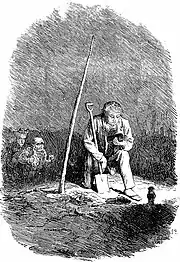 Un homme, éclairé par une lanterne sourde, à genoux devant un trou, tient une pelle et contemple la bouteille qu'il vient de déterrer. Derrière à gauche, deux silhouettes l'observent