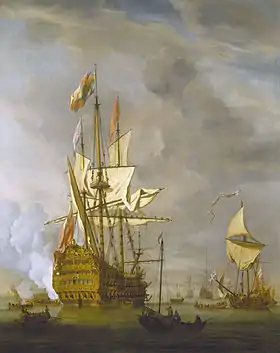 Le HMS Royal Sovereign, 1702. L'étendard royal indique la présence de Georges de Danemark, époux de la reine Anne et lord-grand-amiral. (1703)