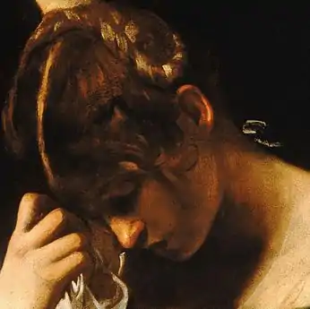 Peinture d'une jeune femme en pleurs qui se cache partiellement le visage.