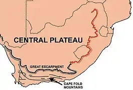 carte géologique montrant le plateau central d'Afrique australe avec ses bords formant le Grand Escarpement