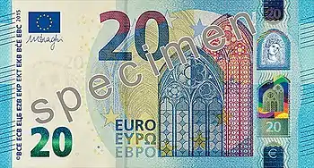 Billet de 20 euros (série Europe, recto).