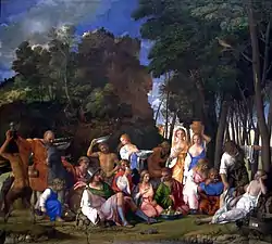 Image d'une peinture montrant des personnages se délectant dans un cadre pastoral boisé, mangeant et buvant, en présence de nymphes et de satyres.