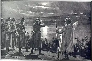 Un berger et des soldats roumains observent les villages incendiés par les cosaques en Bessarabie alors russe.