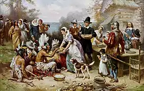 Le Premier Thanksgiving dans le Massachusetts en 1621, par Jean Leon Gerome Ferris, v. 1912.