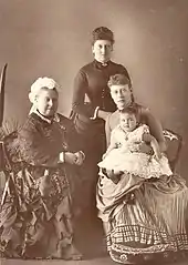 photographie en noir et blanc montrant un groupe de trois femmes accompagnées d'une petite fille.
