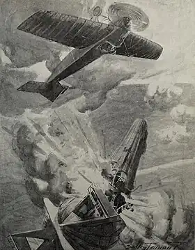 Illustration dans The War Illustrated du 19 juin 1915 : « Le grand exploit aérien du lieutenant Warneford ». Il obtient la Victoria Cross pour avoir détruit le LZ-37 près de Gand le 7 juin 1915.