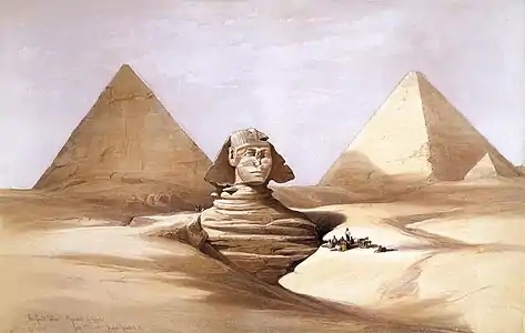 Sphinx de Gizeh, partiellement enterré dans le sable, avec deux pyramides en arrière plan, 7 juillet 1839 par David Roberts.