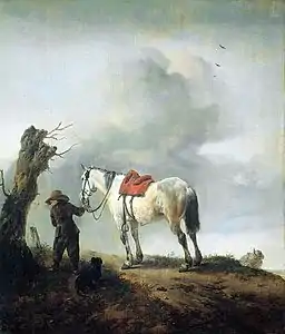 Peinture représentant de dos un homme, son chien et son cheval gris tenu en main, sur une colline, le ciel très nuageux.