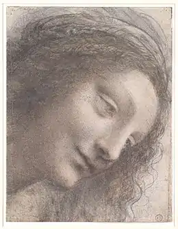 Dessin représentant le visage d'une femme au regard incliné vers le bas.