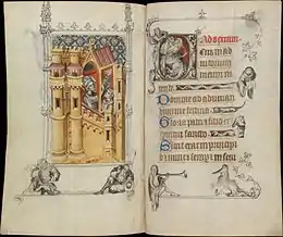 Détail du Livre d'heures de Jeanne d'Évreux, représentant l'Arrestation du Christ et l'Annonciation. Dans la lettrine au recto, Jeanne est figurée en train de prier. f.15v-16r