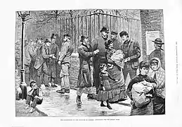 Des chômeurs de l'East End demandant de l'aide humanitaire (The Illustrated London News, 1886).