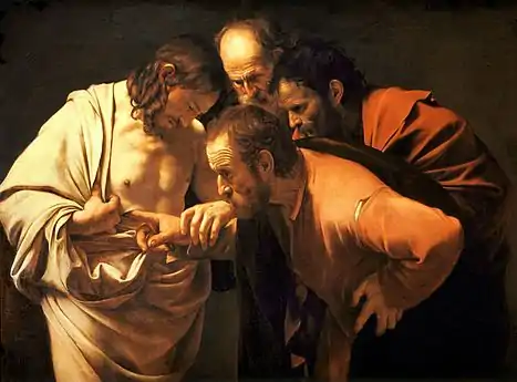 Peinture de trois hommes se penchant vers le Christ, le regard incrédule, tandis que l'un plonge son doigt dans la plaie qu'il a au côté.