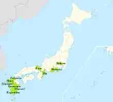 Carte du Japon ; en vert, les zones de culture.