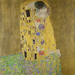 Le baiser. Présentée au Kunstschau en 1908, l’œuvre et Gustav Klimt (1907-08) échappe à la censure impériale et remporte l'adhésion de la bourgeoisie la plus puritaine